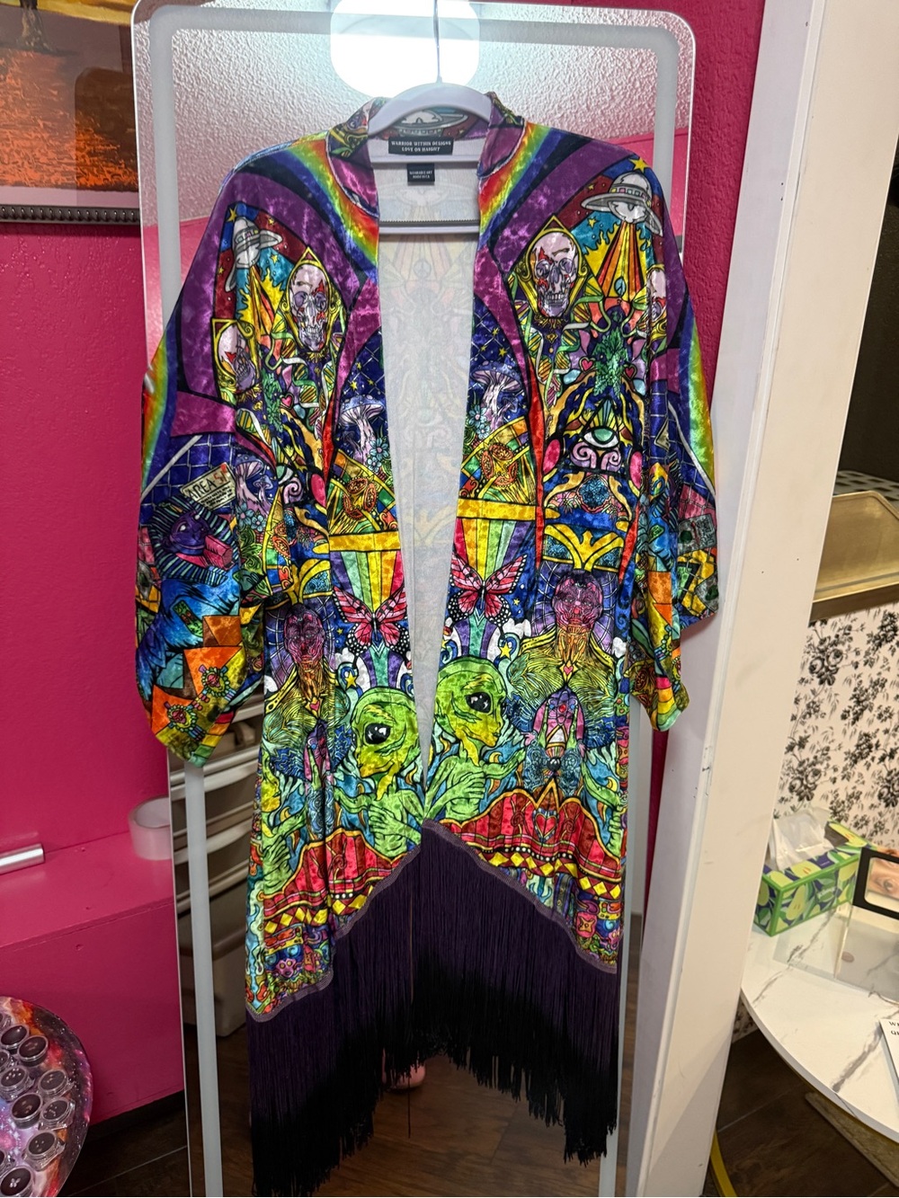 Warrior Within Graphic Fringe Kimono Multicolor One of a Kind (firm pricing)